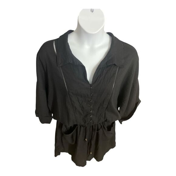 Women Black 3/4-Sleeve Romper Plus Size 2X Linen Blend Button Up Elastic-Waist - Picture 3 of 12